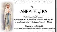 Zmarła Anna Piętka. Żyła 79 lat.