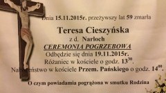 Zmarła Teresa Cieszyńska z d.Narloch. Żyła lat 59.