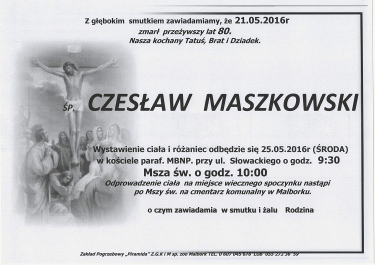 Zmarł Czesław Maszkowski . Żył 80 lat.