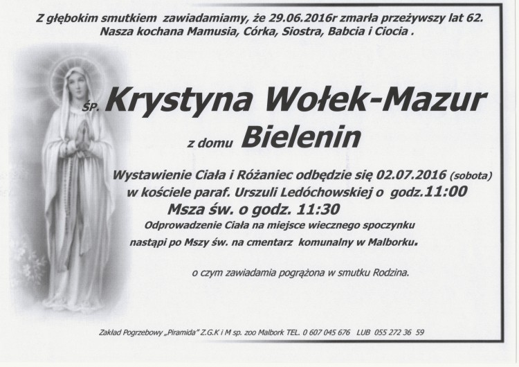 Zmarła Krystyna Wołek-Mazur. Żyła 62 lata.