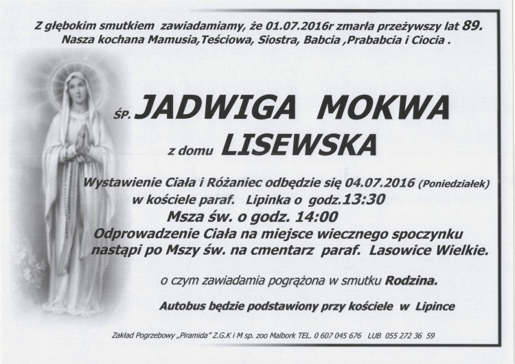 Zmarła Jadwiga Mokwa. Żyła 89 lat.