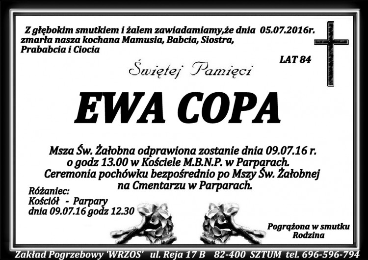 Zmarła Ewa Copa. Żyła 84 lata.