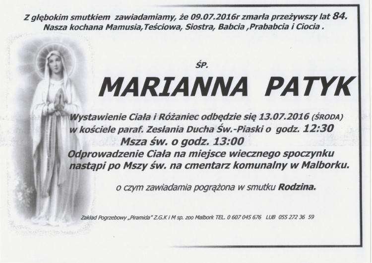 Zmarła Marianna Patyk. Żyła 84-lata.