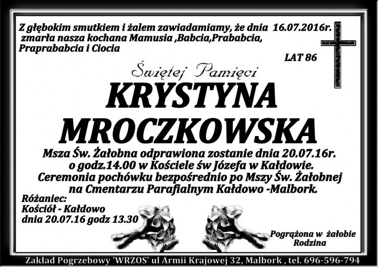 Zmarła Krystyna Mroczkowska. Żyła 86 lat.