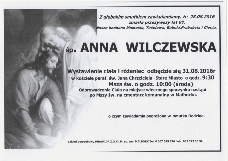 Zmarła Anna Wilczewska. Żyła 81 lat.