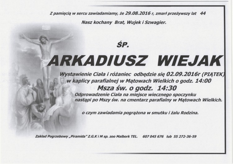 Zmarł Arkadiusz Wiejak. Żył 44 lata.