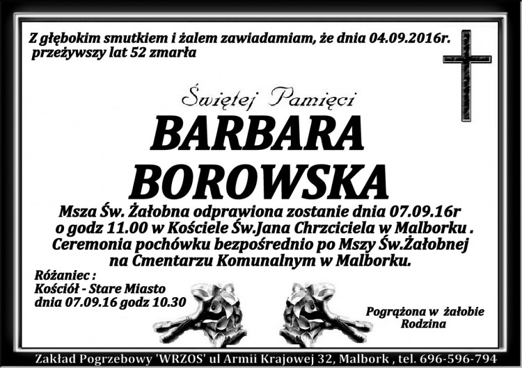 Zmarła Barbara Borowska. Żyła 52 lata.