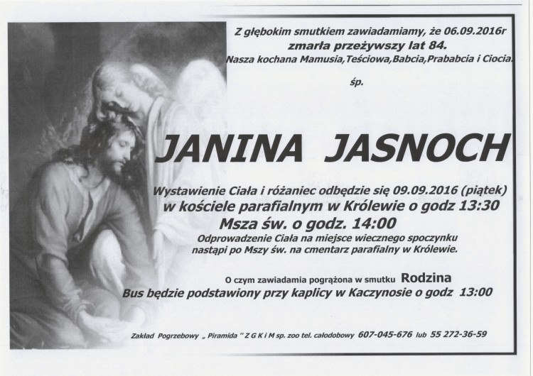 Zmarła Janina Jasnoch. Żyła 84 lata.