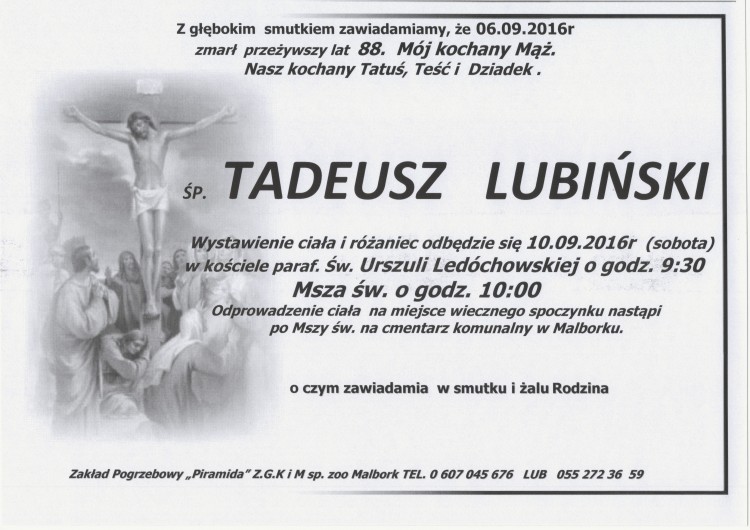 Zmarł Tadeusz Lubiński. Żył 88 lat.