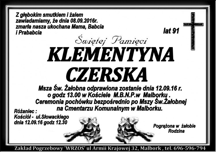 Zmarła Klementyna Czerska. Żyła 91 lat.