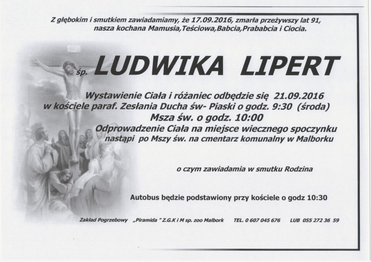 Zmarła Ludwika Lipert. Żyła 91 lat.