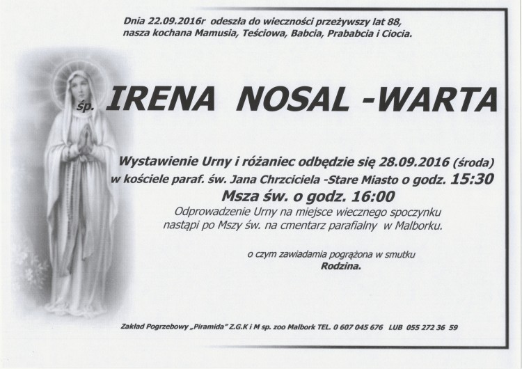 Zmarła Irena Nosal-Warta. Żyła 88 lat.