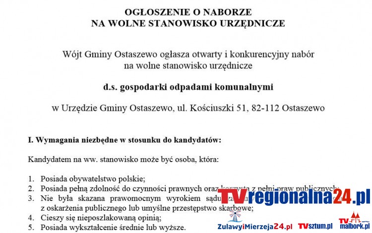 Wolne stanowisko urzędnicze d.s. gospodarki odpadami komunalnymi. Wójt&#8230;