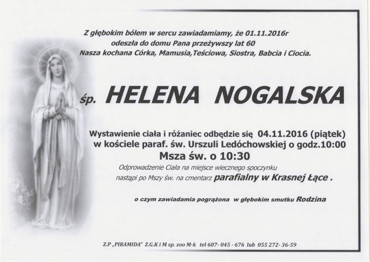 Zmarła Helena Nogalska. Żyła 60 lat.