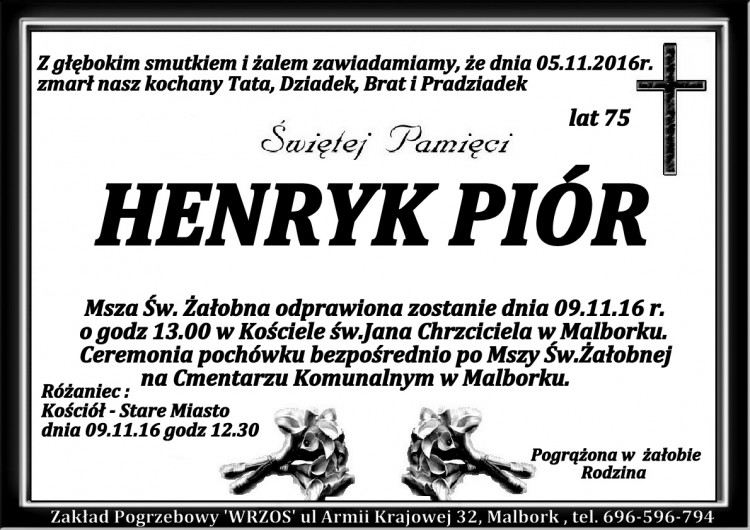 Zmarł Henryk Piór. Żył 75 lat.