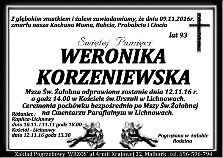 Zmarła Weronika Korzeniewska. Żyła 93 lata.