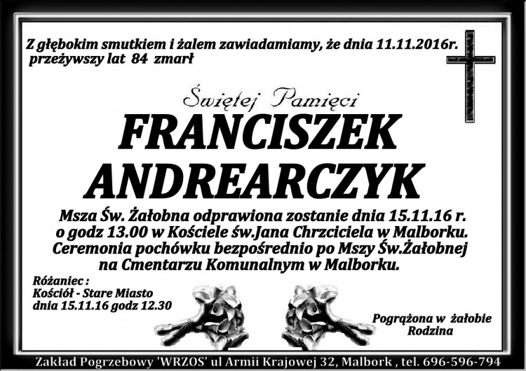 Zmarł Franciszek Andrearczyk. Żył 84 lata.