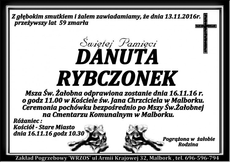 Zmarła Danuta Rybczonek. Żyła 59 lat.