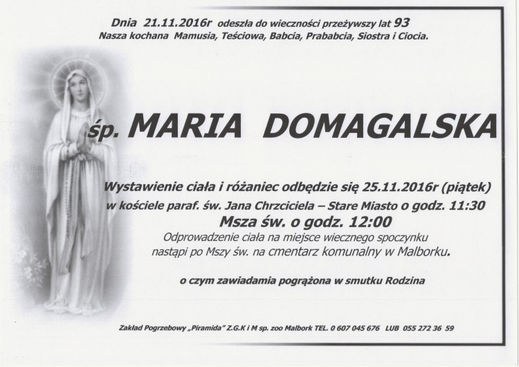 Zmarła Maria Domagalska. Żyła 93 lata.