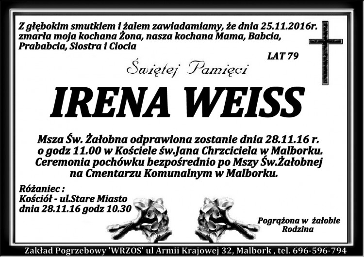 Zmarła Irena Weiss. Żyła 79 lat.