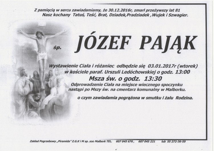 Zmarł Józef Pająk. Żył 81 lat.