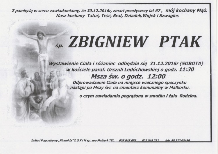 Zmarł Zbigniew Ptak. Żył 67 lat.