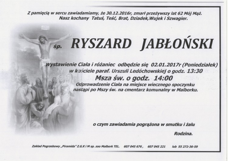 Zmarł Ryszard Jabłoński. Żył 62 lata.