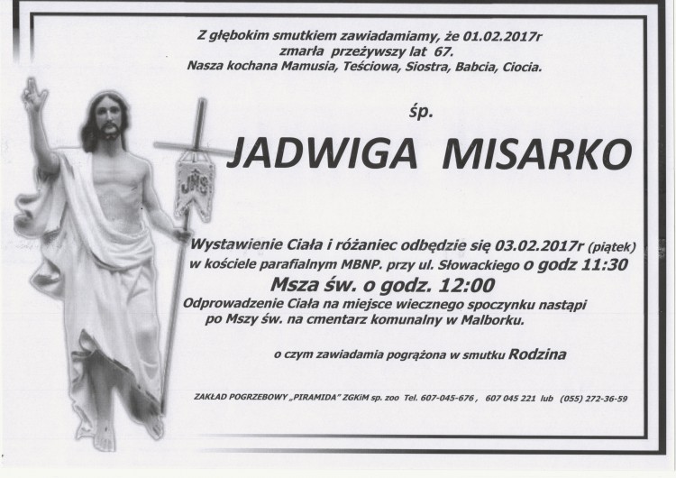 Zmarła Jadwiga Misarko. Żyła 67 lat.