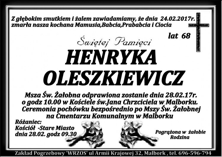 Zmarła Henryka Oleszkiewicz. Żyła 68 lat.