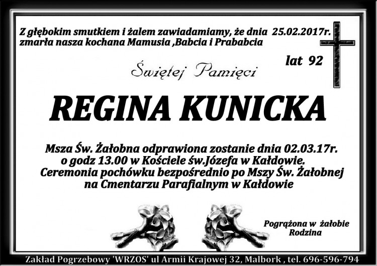 Zmarła Regina Kunicka. Żyła 92 lata.