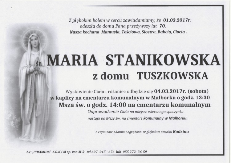 Zmarła Maria Stanikowska. Żyła 70 lat.