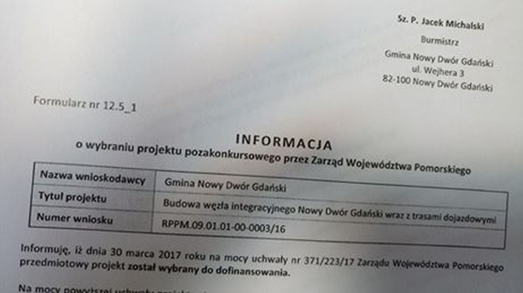 Nowy Dwór Gdański. 1,4 mln zł dofinansowania na budowę węzła integracyjnego&#8230;