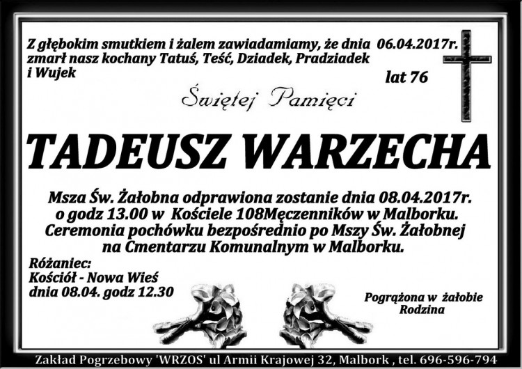 Zmarł Tadeusz Warzecha. Żył 76 lat.