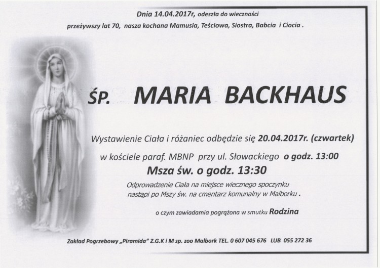 Zmarła Maria Backhaus. Żyła 70 lat.