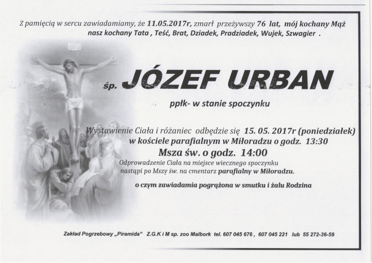 Zmarł Józef Urban. Żył 76 lat.