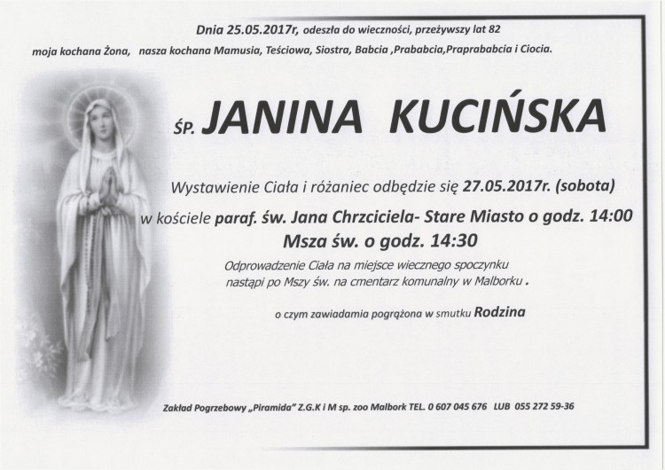 Zmarła Janina Kucińska. Żyła 82 lata.