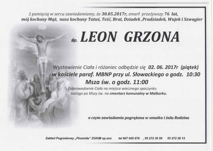 Zmarł Leon Grzona. Żył 76 lat.