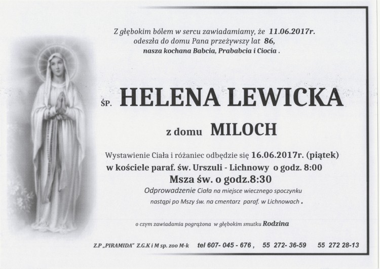 Zmarła Helena Lewicka. Żyła 86 lat.