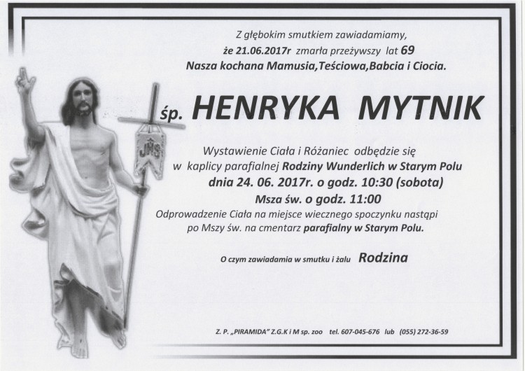 Zmarła Henryka Mytnik. Żyła 69 lat.