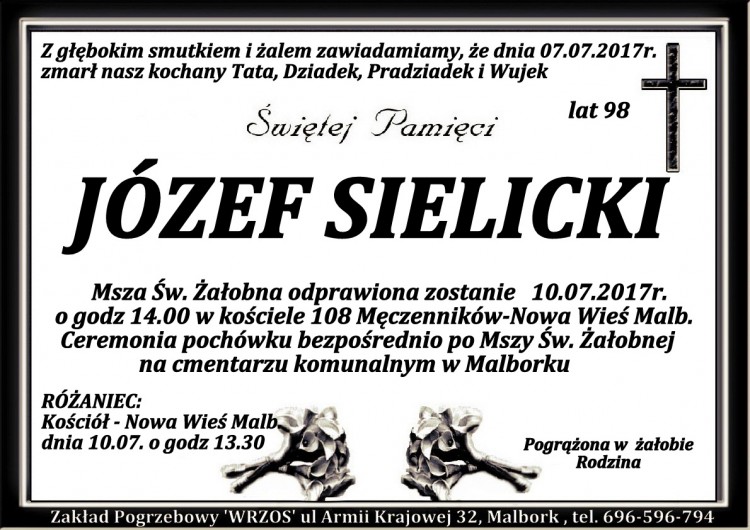 Zmarł Józef Sielicki. Żył 98 lat.