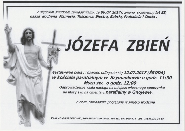 Zmarła Józefa Zbień. Żyła 88 lat.