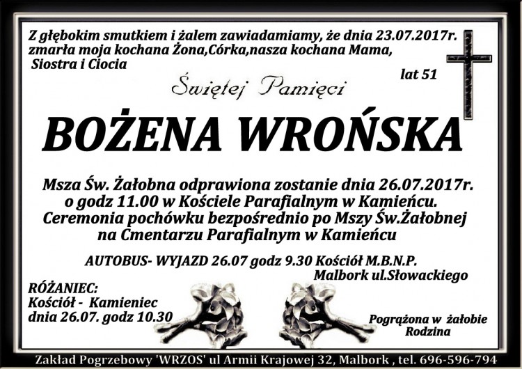 Zmarła Bożena Wrońska. Żyła 51 lat.