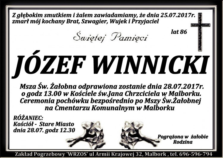 Zmarł Józef Winnicki. Żył 86 lat.