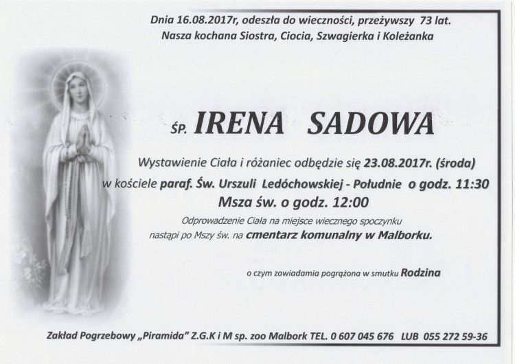 Zmarła Irena Sadowa. Żyła 73 lat.