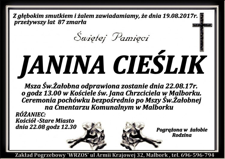 Zmarła Janina Cieślik. Żyła 87 lat 