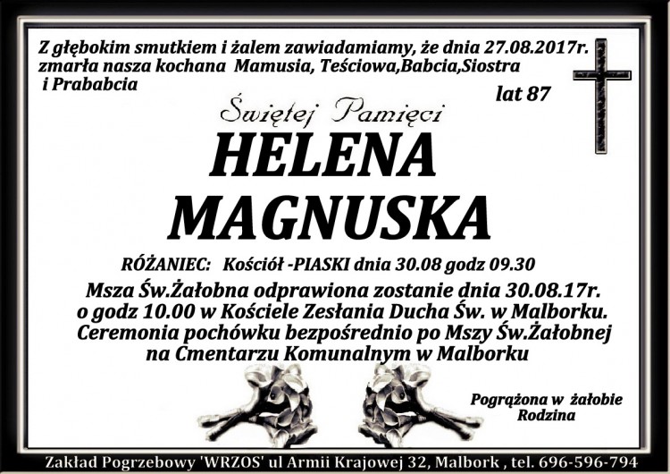 Zmarła Helena Magnuska. Żyła 87 lat.