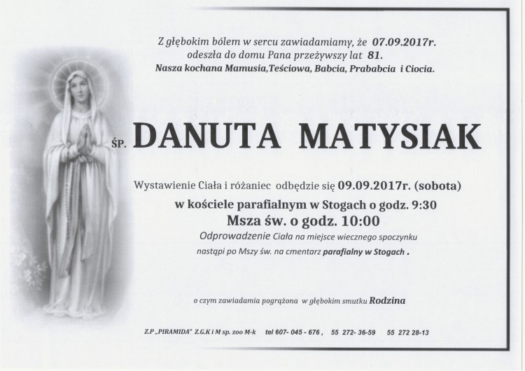 Zmarła Danuta Matysiak. Żyła 81 lat.