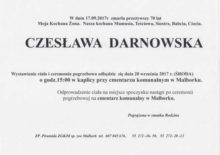 Zmarła Czesława Darnowska. Żyła 70 lat.