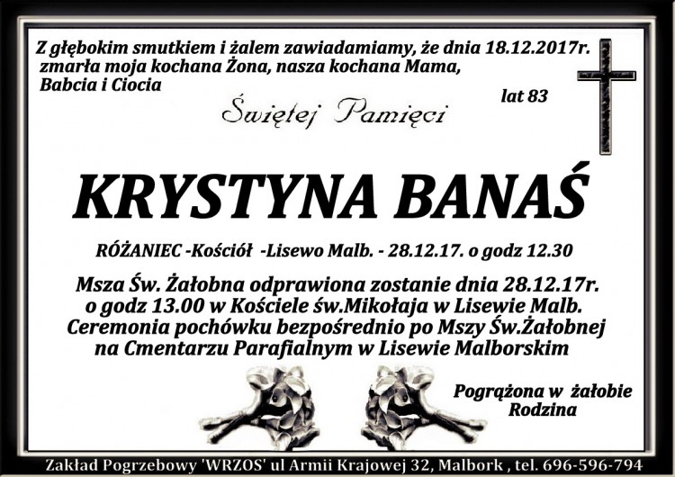 Zmarła Krystyna Banaś. Żyła 83 lata.