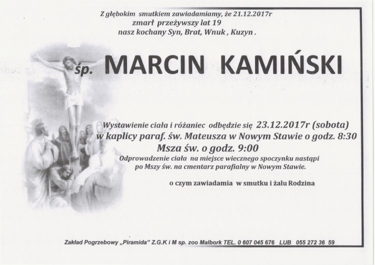 Zmarł Marcin Kamiński. Żył 19 lat.